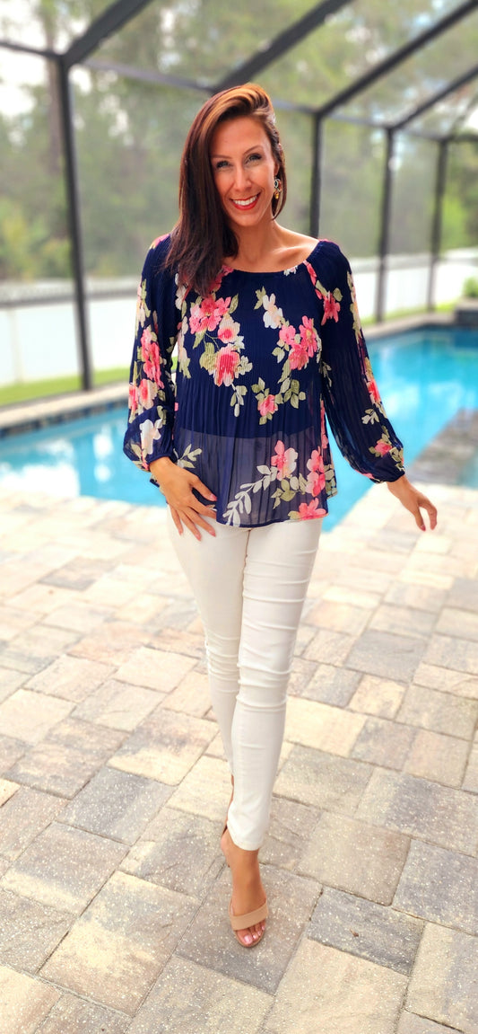 Navy Floral Chiffon Blouse