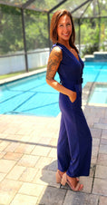 Load image into Gallery viewer, Navy Base Surplice Belted Jumpsuit
