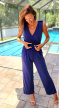 Load image into Gallery viewer, Navy Base Surplice Belted Jumpsuit
