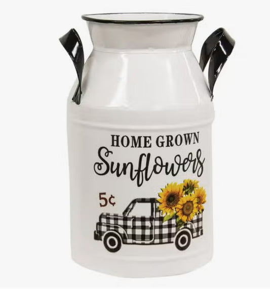 Home Grown Sunflowers White Metal Milk Can